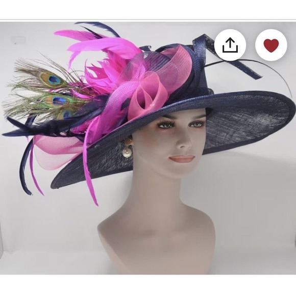 Women’s Kentucky derby tea Party Wide Brim Navy pink Flowers Feathers Hat - Picture 6 of 11